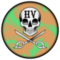 Hairværk logo. Cirkel med farver og skull med signatur saks.